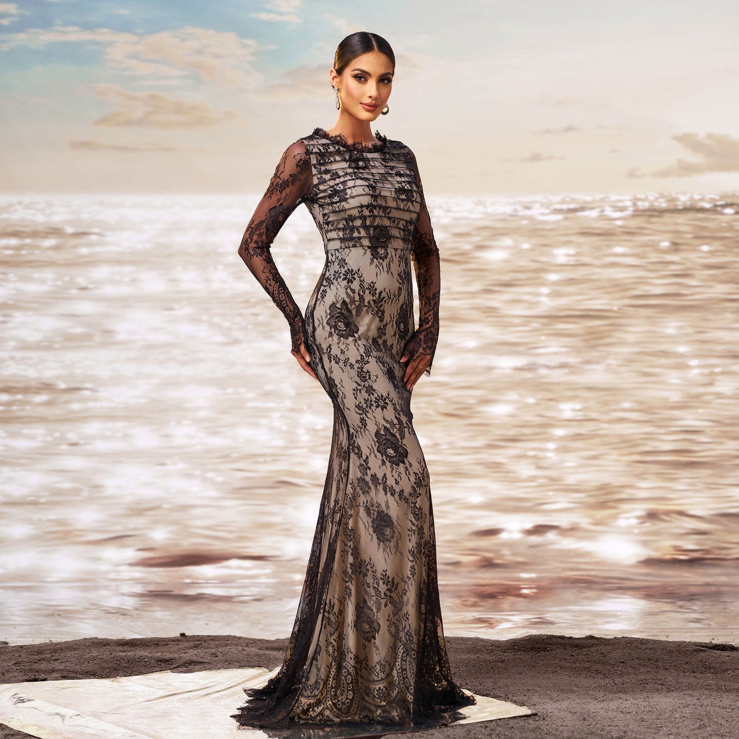 Sheer Sleeves Mermaid Dress