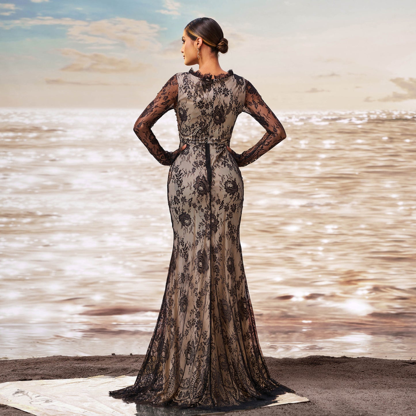 Sheer Sleeves Mermaid Dress