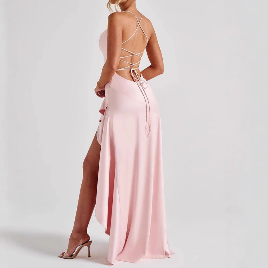 Backless Ruffle Slit Maxi Dress