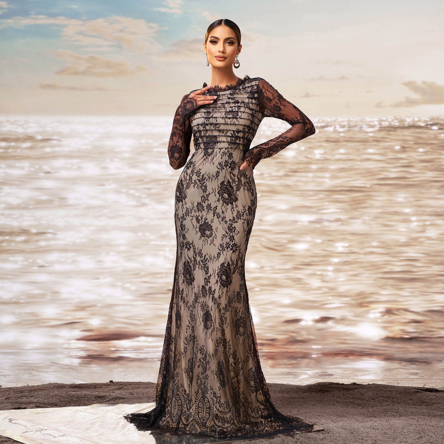 Sheer Sleeves Mermaid Dress