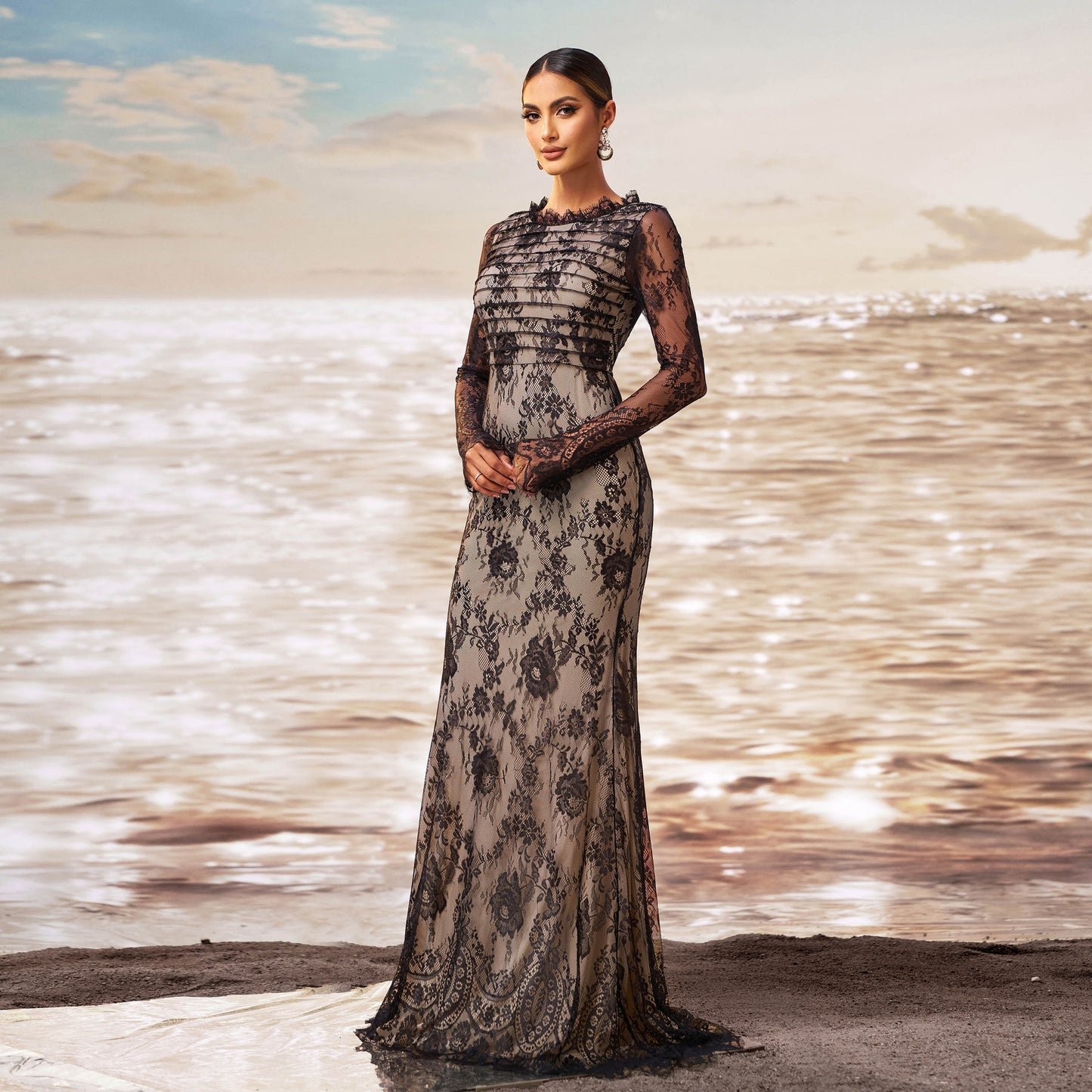 Sheer Sleeves Mermaid Dress