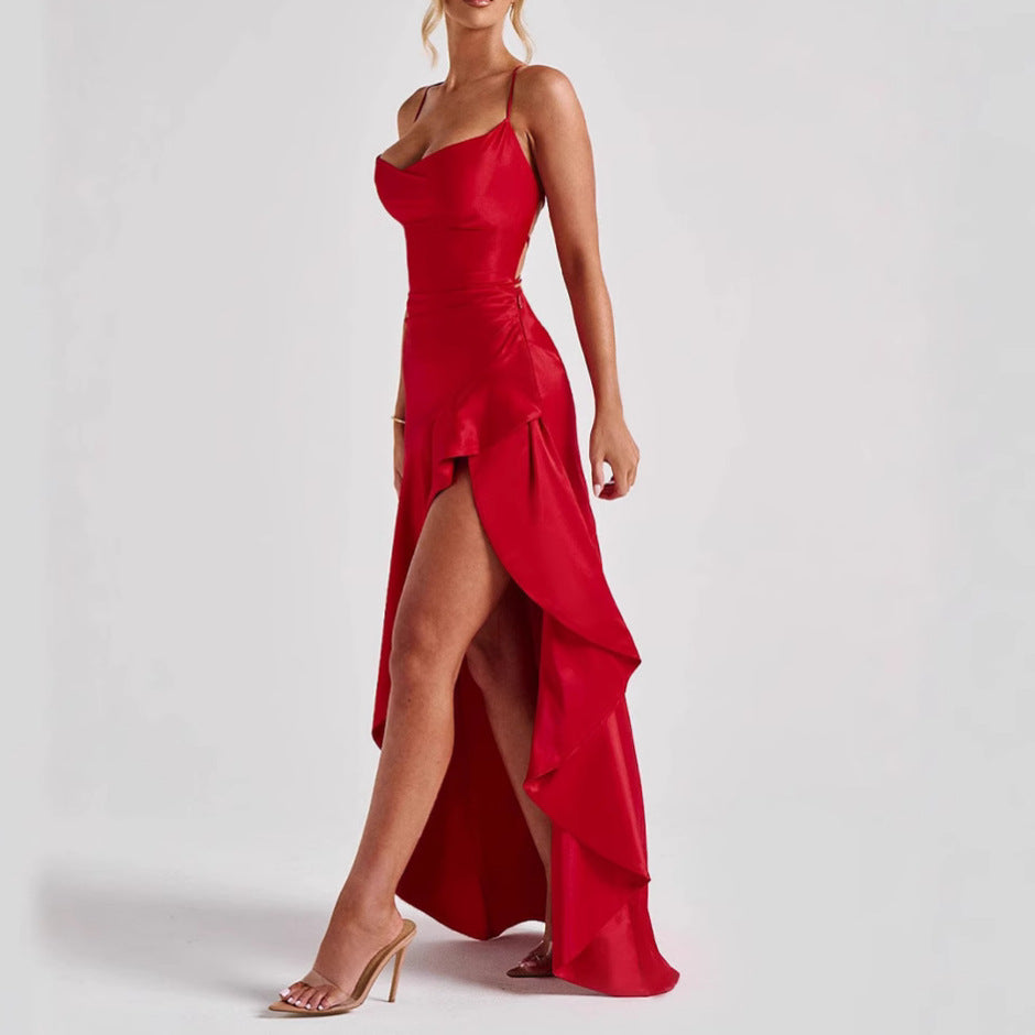 Backless Ruffle Slit Maxi Dress