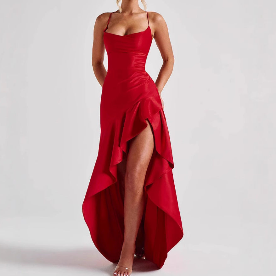 Backless Ruffle Slit Maxi Dress