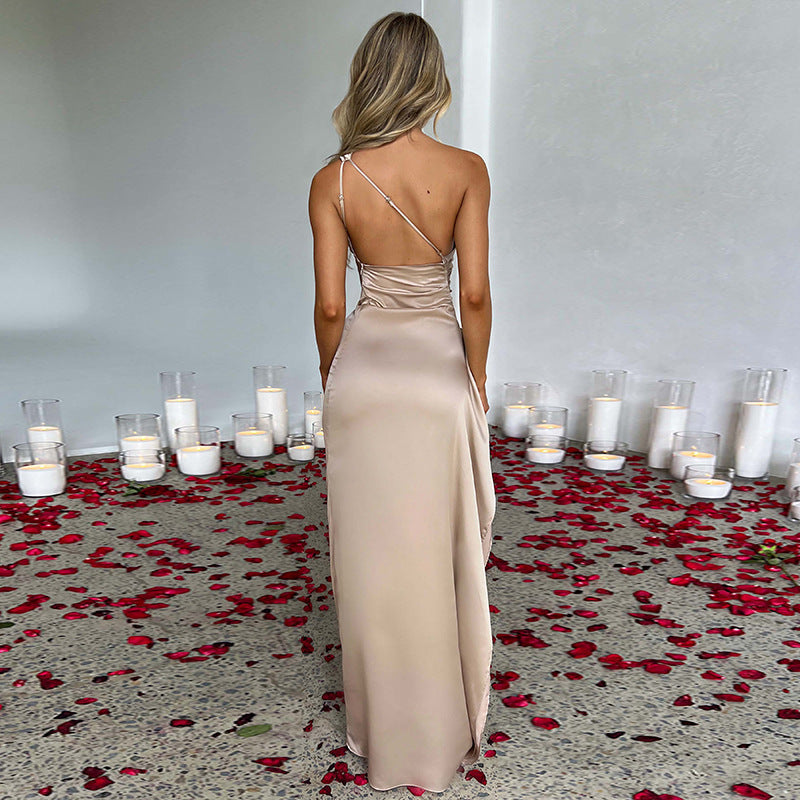 One-Shoulder Backless Slit Satin Dress