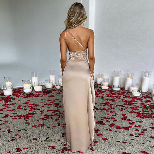 One-Shoulder Backless Slit Satin Dress