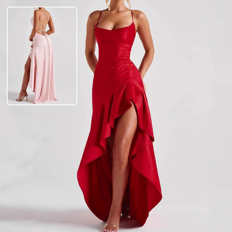 Backless Ruffle Slit Maxi Dress