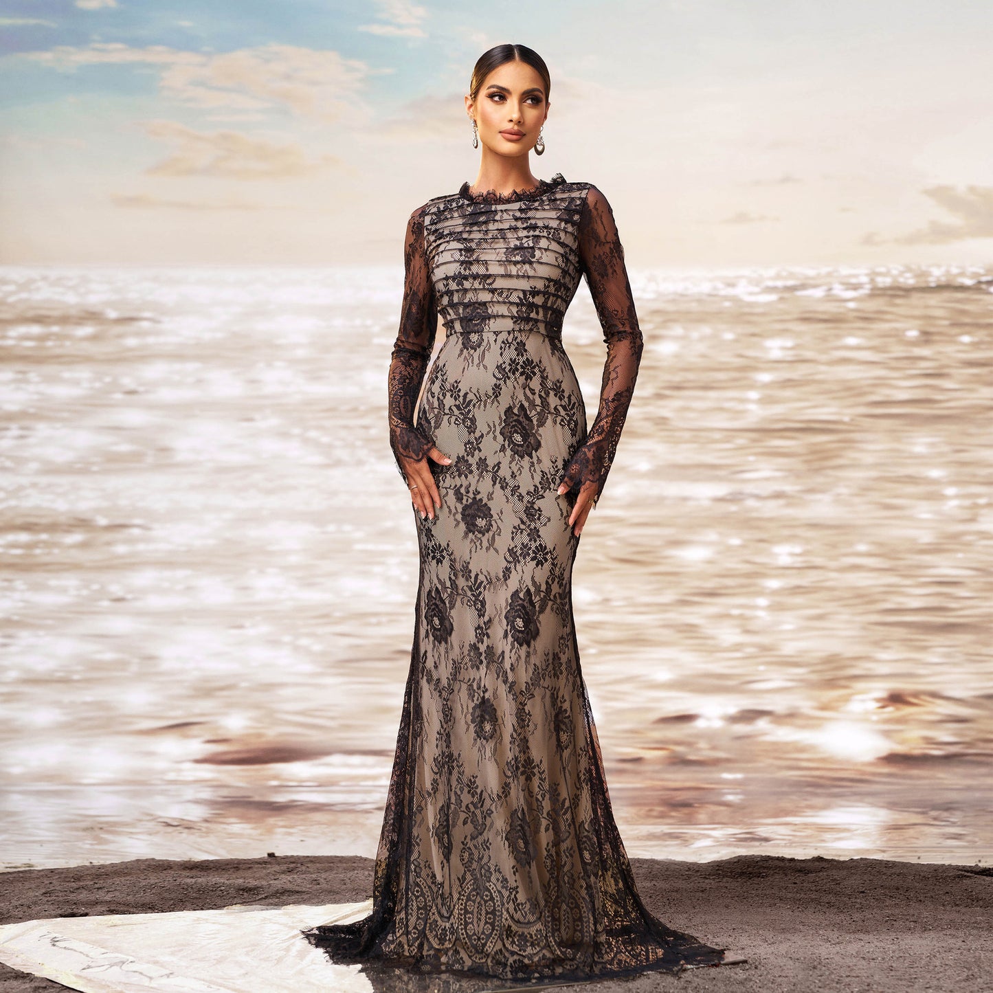 Sheer Sleeves Mermaid Dress